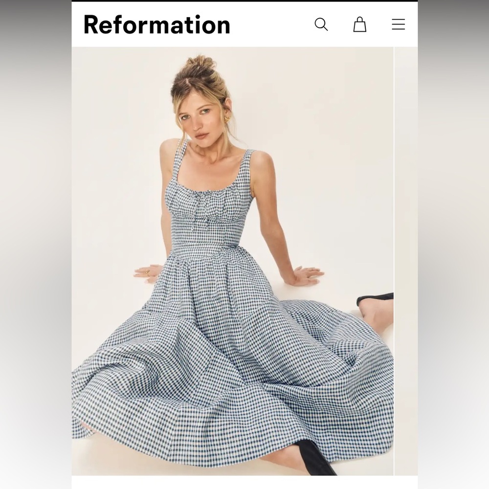 Reformation Balia Linen Blue and White Gingham Maxi Dress